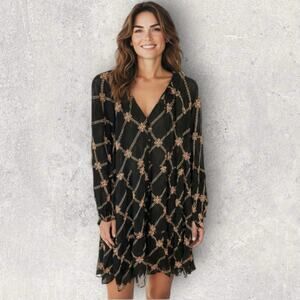 Jade by Johnny Was Black Chain Floral Sheer Embroidered Long-Sleeve Dress L